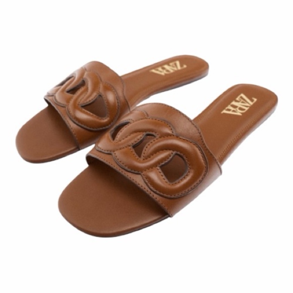 Zara Brown Leather Slide Sandals
